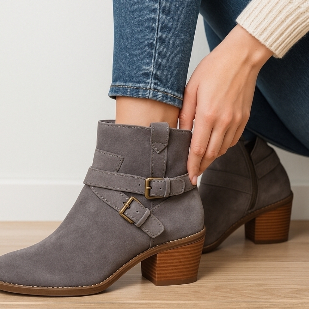 Cole Haan | Size 8 (Medium) | Stormcloud Gray Suede Buckle Ankle Boots |  NIB
